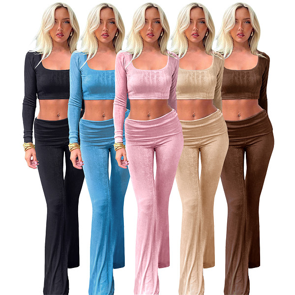 2025 Fashion Girls Square Collar Crop Top And Long Pants 2 Pieces Sets ASL-6703