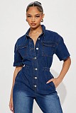 Women Short Sleeves Turndown Collar Buttons Pencil Denim Jumpsuit LX-3575