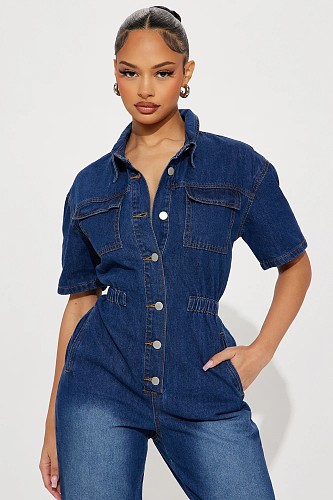 Women Short Sleeves Turndown Collar Buttons Pencil Denim Jumpsuit LX-3575