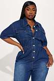 Women Short Sleeves Turndown Collar Buttons Pencil Denim Jumpsuit LX-3575