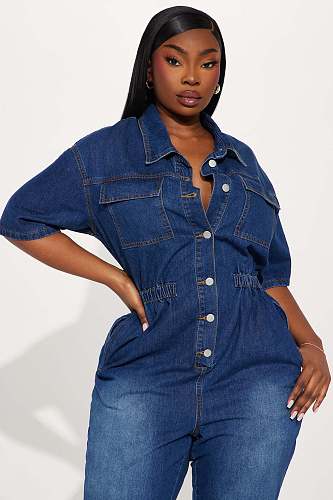 Women Short Sleeves Turndown Collar Buttons Pencil Denim Jumpsuit LX-3575