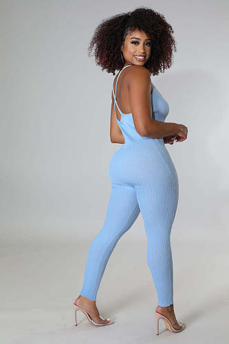 Spaghetti Strap Backless Ribbed Knit Bodycon Jumpsuit LA-3323