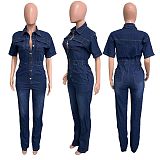 Women Short Sleeves Turndown Collar Buttons Pencil Denim Jumpsuit LX-3575