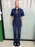 Women Short Sleeves Turndown Collar Buttons Pencil Denim Jumpsuit LX-3575
