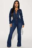 2025 NEW Women Denim Long Sleeves Buttons Bodycon Flared Jumpsuit LX-3568