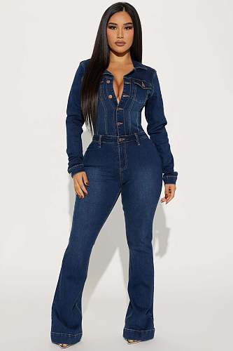2025 NEW Women Denim Long Sleeves Buttons Bodycon Flared Jumpsuit LX-3568