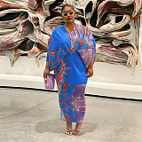 Fashion Printed Women Batwing Sleeve V-neck Maxi Dress YF-10263