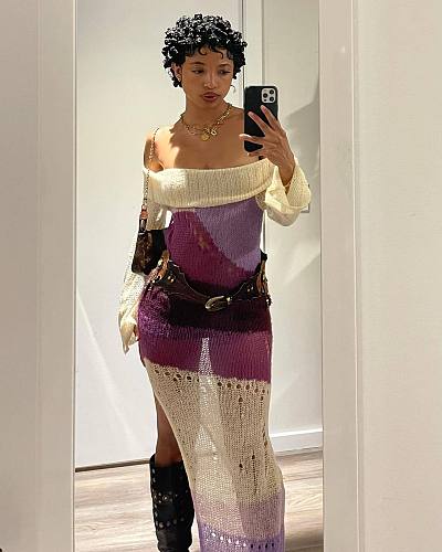 Sexy Strapless Long Sleeves Knitted Split Maxi Dress ZS-0301
