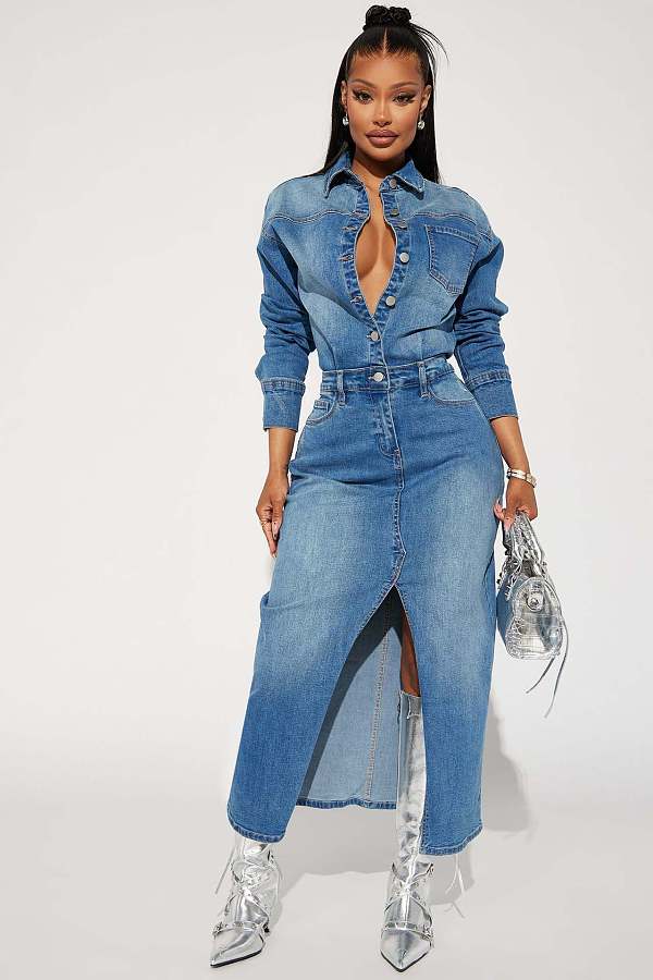2025 NEW Women Denim Lapel Buttons Pockets Split Maxi Dress LX-3566