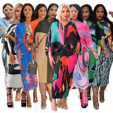 Fashion Printed Women Batwing Sleeve V-neck Maxi Dress YF-10263