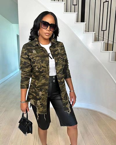 Women's Camouflage Print Broken Holes Long Sleeves Blouse Top Coat OD-8661