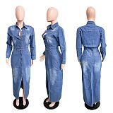 2025 NEW Women Denim Lapel Buttons Pockets Split Maxi Dress LX-3566
