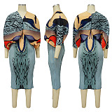 Fashion Printed Women Batwing Sleeve V-neck Maxi Dress YF-10263