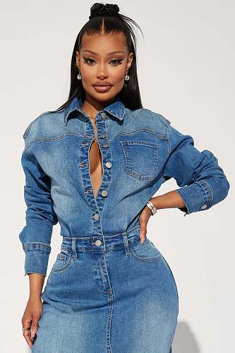 2025 NEW Women Denim Lapel Buttons Pockets Split Maxi Dress LX-3566