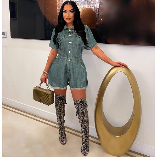 Women Single-breasted Pockets Short Sleeves Denim Romper WA-77676
