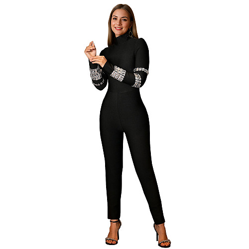 Fashion Women's Long-sleeved One-piece High-neck Hot Drill Jumpsuits Black BY-7173