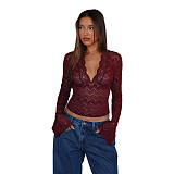 Deep V Slim Lace Long Sleeve Spice Girl Style Lace Top ASL-6772