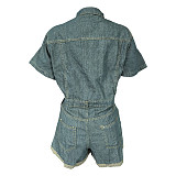 Women Single-breasted Pockets Short Sleeves Denim Romper WA-77676
