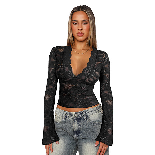 Deep V Slim Lace Long Sleeve Spice Girl Style Lace Top ASL-6772