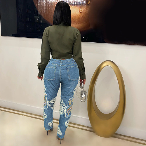 Fashion Women Broken-hole Embroidery Blue Jeans WA-77691