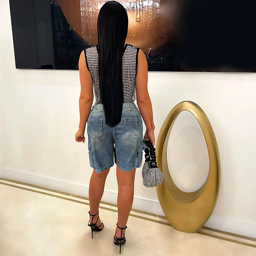 Casual Women Washed Pocket Cargo Quarter Pants Denim Shorts WA-77684