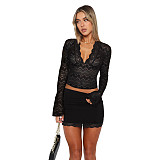 Deep V Slim Lace Long Sleeve Spice Girl Style Lace Top ASL-6772