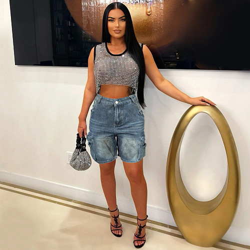 Casual Women Washed Pocket Cargo Quarter Pants Denim Shorts WA-77684