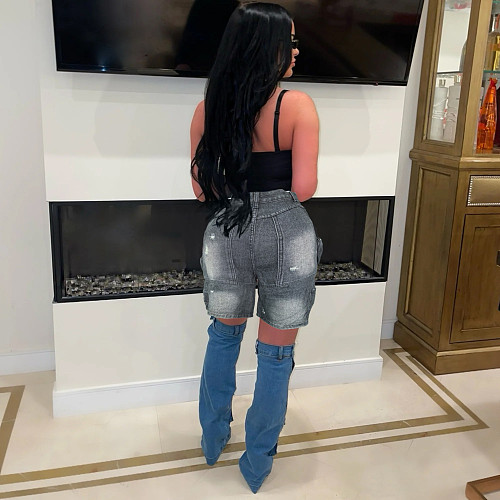 Casual Women Washed Broken Holes Cargo Quarter Pants Denim Shorts WA-77686