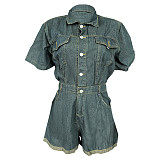 Women Single-breasted Pockets Short Sleeves Denim Romper WA-77676