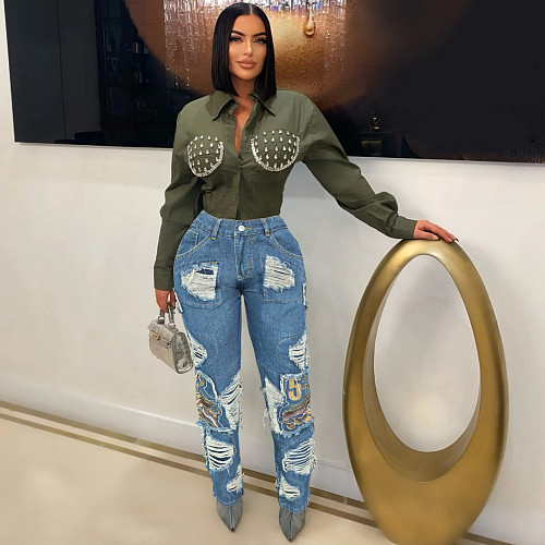 Fashion Women Broken-hole Embroidery Blue Jeans WA-77691