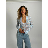 Deep V Slim Lace Long Sleeve Spice Girl Style Lace Top ASL-6772