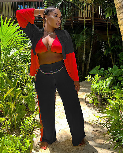 Color Block Patchwork Shirt Bra Wide Leg Pants 3 Piece Suit LP-66507