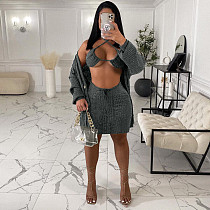 Sexy Push Up Bra Wool Short Skirt Three Piece Set LP-66322
