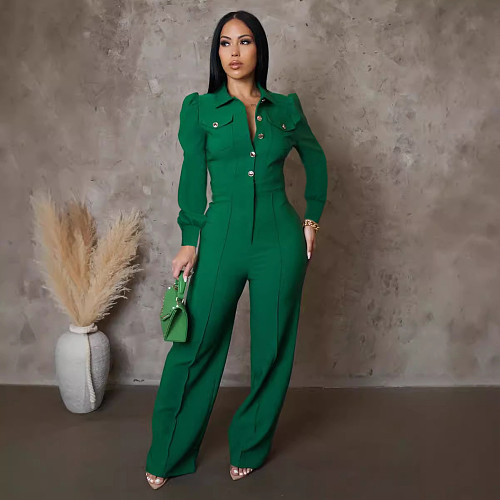 Leisure Lady Long Sleeves Solid Color Long Jumpsuit OSM-4468