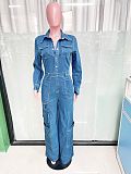 Women's Loose Stretch Wash Long Sleeve Cargo Denim Jumpsuit LX-3579