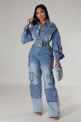 Women Overalls Denim Multi-pocket Wide-leg Jumpsuits LX-6036