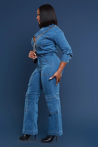 Women's Loose Stretch Wash Long Sleeve Cargo Denim Jumpsuit LX-3579