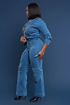 Women's Loose Stretch Wash Long Sleeve Cargo Denim Jumpsuit LX-3579 Women's Loose Stretch Wash Long Sleeve Cargo Denim Jumpsuit LX-3579