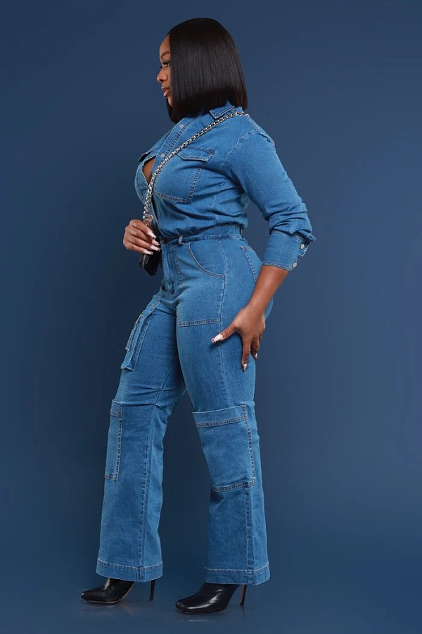 Women's Loose Stretch Wash Long Sleeve Cargo Denim Jumpsuit LX-3579