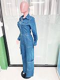 Women's Loose Stretch Wash Long Sleeve Cargo Denim Jumpsuit LX-3579