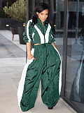 Casual Women's Zipper Color Splicing Long Straight Pants Sets 2 Pieces CH-24071