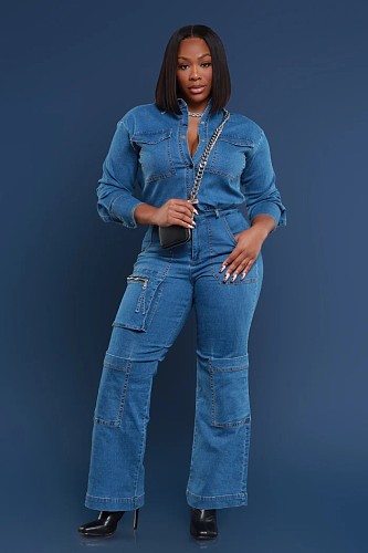 Women's Loose Stretch Wash Long Sleeve Cargo Denim Jumpsuit LX-3579