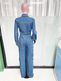 Women's Loose Stretch Wash Long Sleeve Cargo Denim Jumpsuit LX-3579