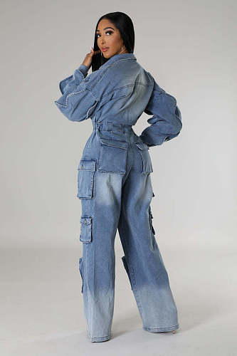 Women Overalls Denim Multi-pocket Wide-leg Jumpsuits LX-6036