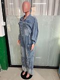 Women Overalls Denim Multi-pocket Wide-leg Jumpsuits LX-6036