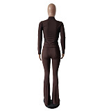 Women Solid Color Zipper Tops And Flared Pants Two Pieces Sets MEM-88618