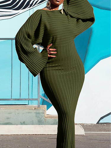 Women's Solid Color Splicing Asymmetrical Pit Strip Long Sleeve Maxi Dress OD-8625