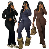 Women Solid Color Zipper Tops And Flared Pants Two Pieces Sets MEM-88618