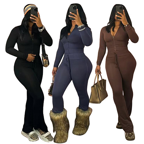 Women Solid Color Zipper Tops And Flared Pants Two Pieces Sets MEM-88618