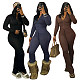 Women Solid Color Zipper Tops And Flared Pants Two Pieces Sets MEM-88618